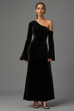 One Shoulder Black A-Line Velvet Formal Dress