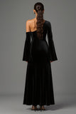 One Shoulder Black A-Line Velvet Formal Dress