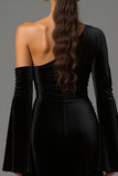 One Shoulder Black A-Line Velvet Formal Dress