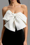 Sheath Black and White Strapless Formal Dress With Bow