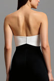 Sheath Black and White Strapless Formal Dress With Bow