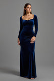 Velvet Sheath Long Sleeve Navy Formal Dress