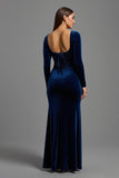 Velvet Sheath Long Sleeve Navy Formal Dress
