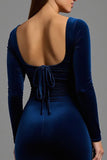Velvet Sheath Long Sleeve Navy Formal Dress