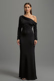 One Shoulder Sheath Black Formal Dress with Long Sleeves