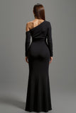 One Shoulder Sheath Black Formal Dress with Long Sleeves