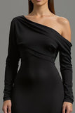 One Shoulder Sheath Black Formal Dress with Long Sleeves