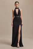 Halter Sheath V-Neck Black Tie Dress With Slit