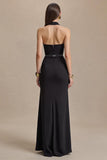 Halter Sheath V-Neck Black Tie Dress With Slit