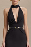 Halter Sheath V-Neck Black Tie Dress With Slit