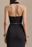 Halter Sheath V-Neck Black Tie Dress With Slit