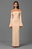 Apricot Sheath Off The Shoulder Formal Dress with Flare Sleeves