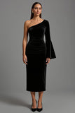 One Shoulder Velvet Black Semi-Formal Dress