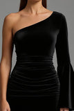 One Shoulder Velvet Black Semi-Formal Dress