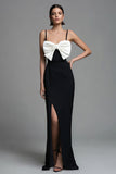 Black and White Sheath Spaghetti Straps Formal Dress With Slit