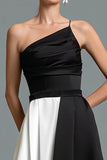 One Shoulder Black and White A-Line Formal Dress