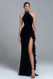 Black High Neck Sheath Formal Dress with Slit