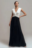 Black and White A-Line V-Neck Formal Dress With Pleats