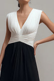 Black and White A-Line V-Neck Formal Dress With Pleats