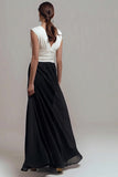 Black and White A-Line V-Neck Formal Dress With Pleats