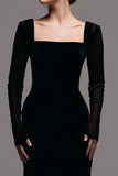 Velvet Square Neck Long Sleeve Sheath Black Tie Dress