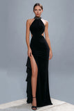 Sheath Halter Cut Out Black Tie Dress with Slit