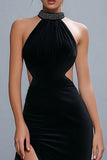 Sheath Halter Cut Out Black Tie Dress with Slit