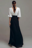 Black and White Ruched Wrap Formal Dress With Half Sleeves