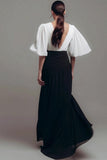 Black and White Ruched Wrap Formal Dress With Half Sleeves