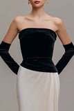 Black and Champagne Strapless Velvet Sheath Formal Dress