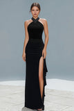 Halter Sheath Beaded Black Formal Dress With Slit