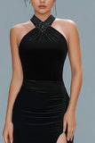Halter Sheath Beaded Black Formal Dress With Slit