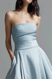 Sky Blue A-Line Strapless Satin Formal Dress