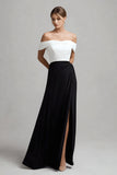 Off The Shoulder A-Line Black and White Formal Dress With Slit