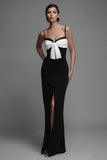 Sheath Black and White Long Bowed Formal Dress With Slit