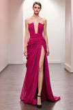 Pink A Line Ruched Strapless Evening Dress With Slit