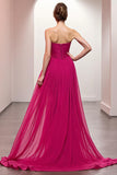 Pink A Line Ruched Strapless Evening Dress With Slit