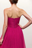 Pink A Line Ruched Strapless Evening Dress With Slit