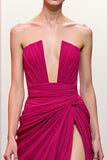 Pink A Line Ruched Strapless Evening Dress With Slit