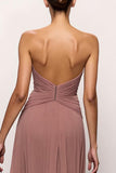 Strapless Blush Sheath Ruched Evening Dress With Slit