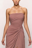 Strapless Blush Sheath Ruched Evening Dress With Slit