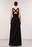 A-Line Black Square Neck Evening Dress With Criss Cross Back