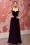 Velvet A-Line Black Spaghetti Straps Evening Dress