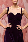 Velvet A-Line Black Spaghetti Straps Evening Dress