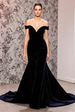 Black Off The Shoulder A Line Open Back Evening Dress