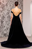 Black Off The Shoulder A Line Open Back Evening Dress