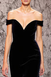 Black Off The Shoulder A Line Open Back Evening Dress