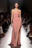 Strapless A Line Pink Evening Dress With Slit