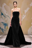 A-Line Dark Red Velvet Strapless Evening Dress