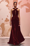 Halter A-Line Black Velvet Keyhole Evening Dress with Criss Cross Back